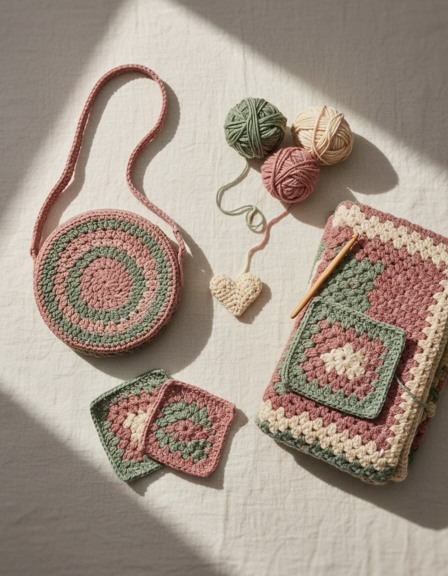 Handgehäkelte Tasche, Granny Squares, ein kleines Häkelherz und Wollknäuel in Rosé- und Salbeitönen